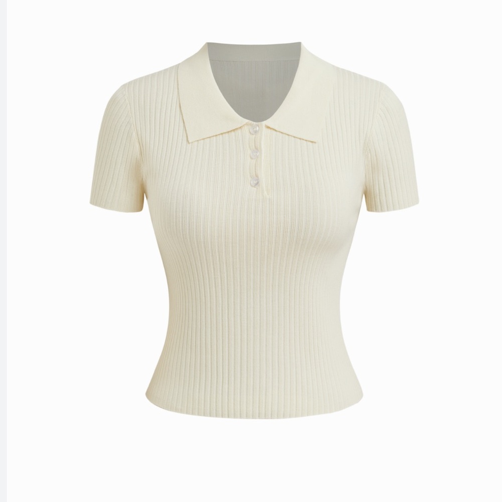 Cider Knit Polo Neck Short Sleeve Cream Ribbed Top Cottagecore‎ Boho